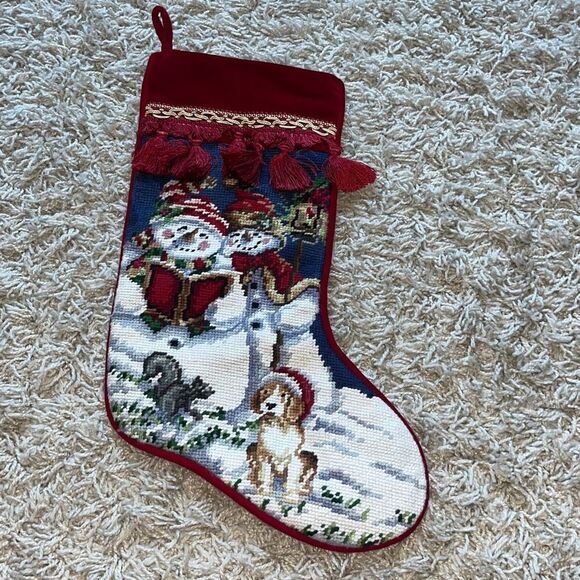 Needlepoint Caroling Snowman With Santa Dog Christmas Stocking Winter Scene Red - Picture 1 of 11